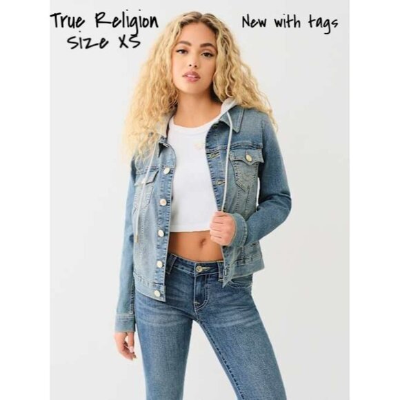 True Religion Blue Denim Trucker Hoodie Jacket XS - New with Tags - Picture 1 of 4